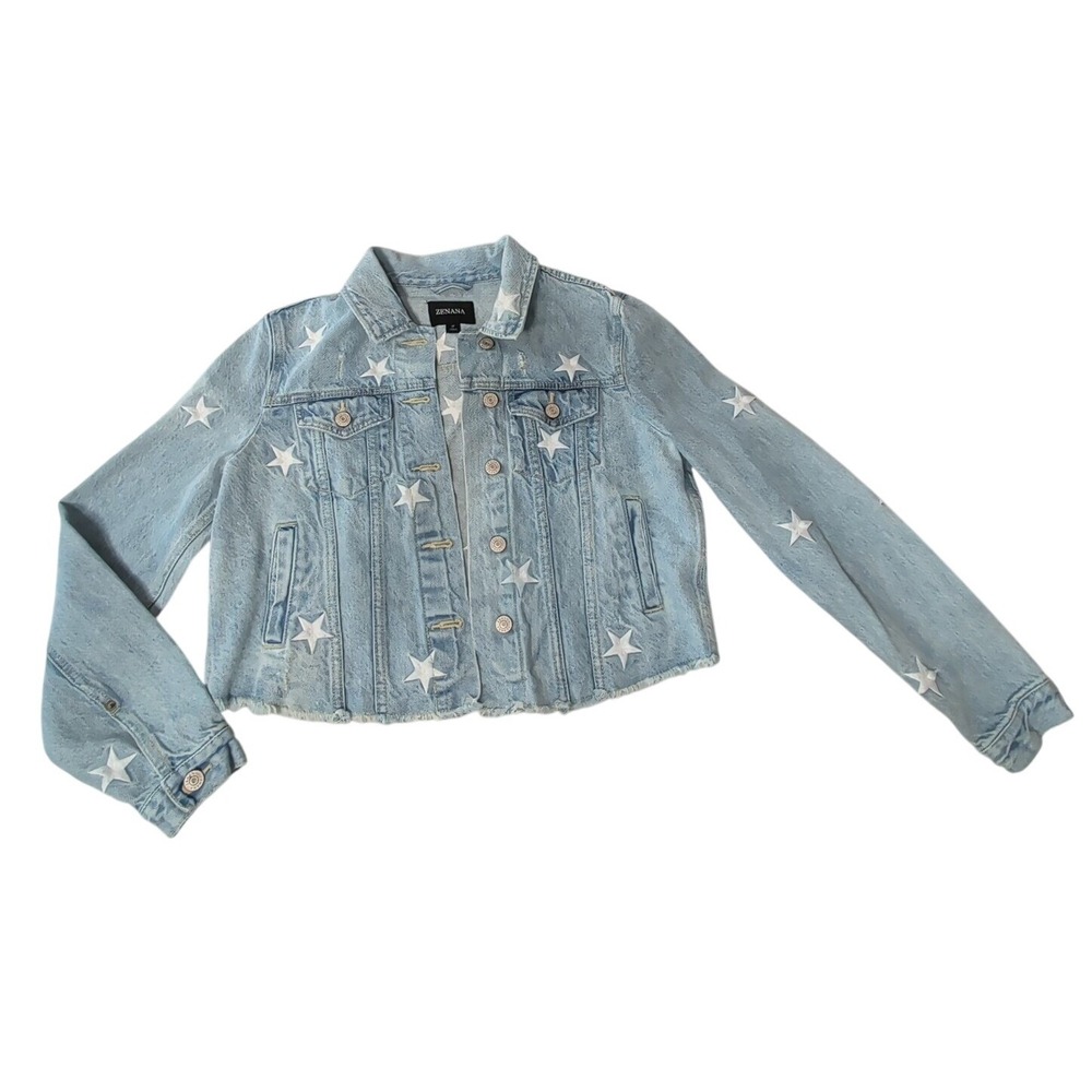 Zenana M Cropped Star Embroidered Denim Jacket Light Wash Raw Hem Western Y2K - Picture 13 of 14